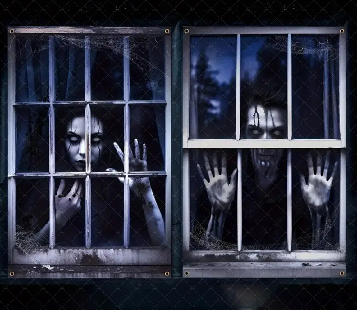 Rideau d'Halloween effrayant en tissu suspendu, décoration de fenêtre au thème horreur avec fantôme de sorcière et zombie 4