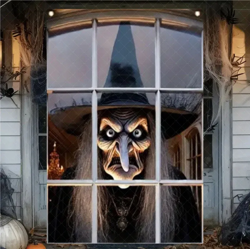 Rideau d'Halloween effrayant en tissu suspendu, décoration de fenêtre au thème horreur avec fantôme de sorcière et zombie 5