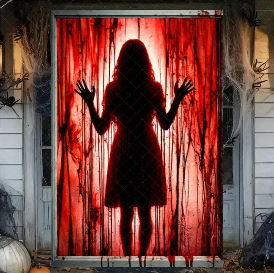 Rideau d'Halloween effrayant en tissu suspendu, décoration de fenêtre au thème horreur avec fantôme de sorcière et zombie 13