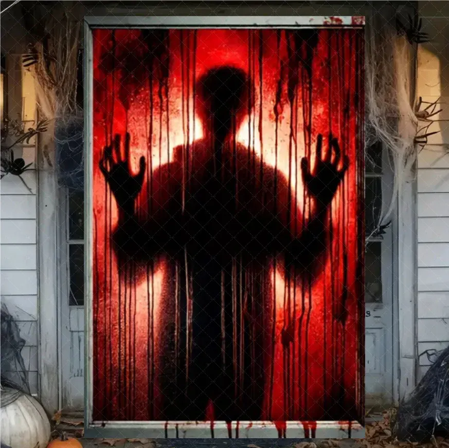 Rideau d'Halloween effrayant en tissu suspendu, décoration de fenêtre au thème horreur avec fantôme de sorcière et zombie 12