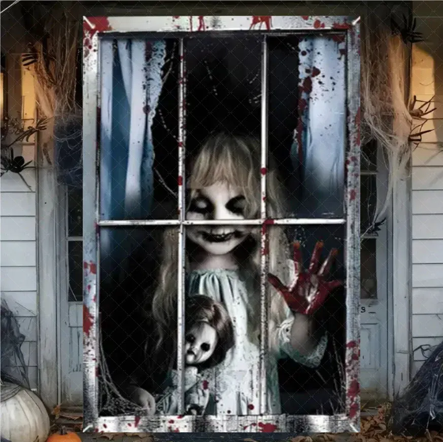 Rideau d'Halloween effrayant en tissu suspendu, décoration de fenêtre au thème horreur avec fantôme de sorcière et zombie 10