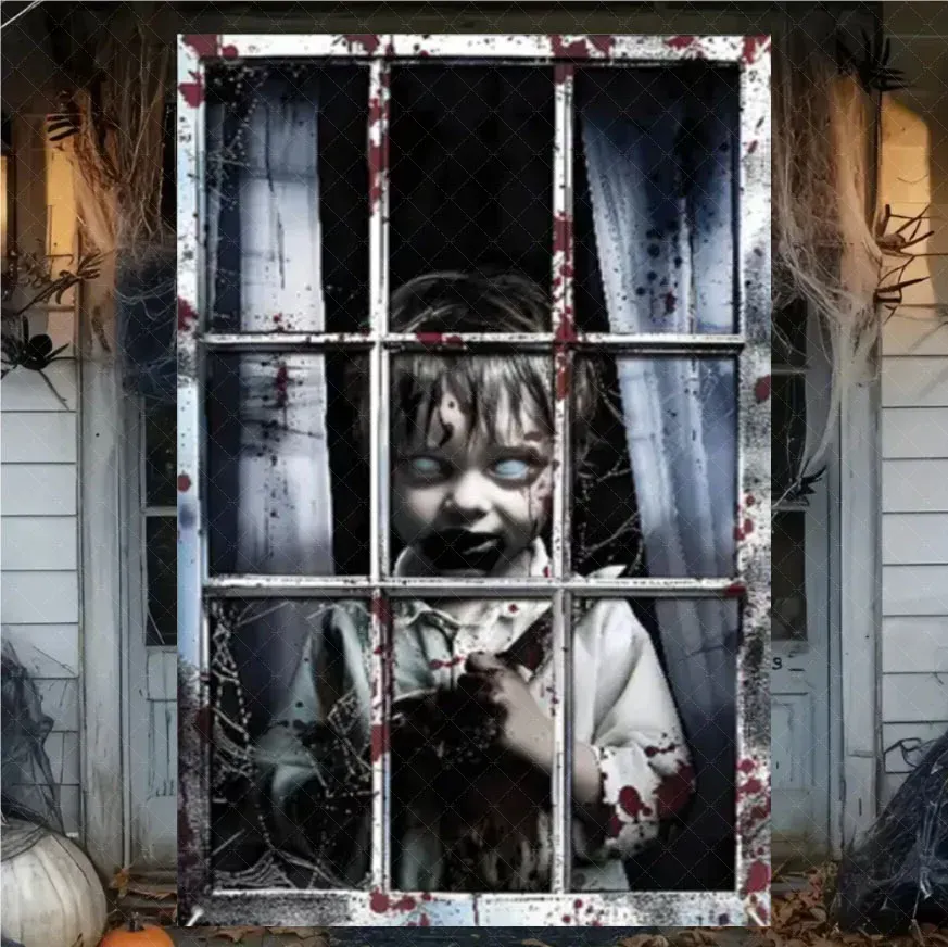 Rideau d'Halloween effrayant en tissu suspendu, décoration de fenêtre au thème horreur avec fantôme de sorcière et zombie 9