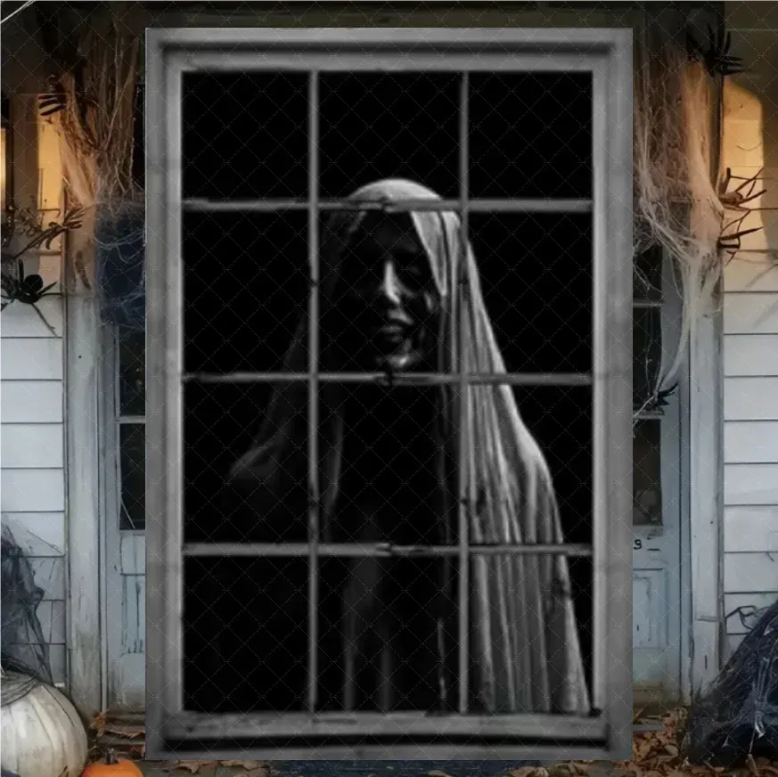 Rideau d'Halloween effrayant en tissu suspendu, décoration de fenêtre au thème horreur avec fantôme de sorcière et zombie 7