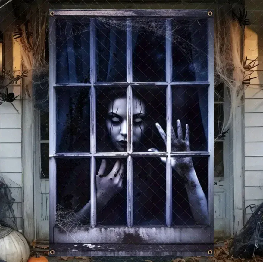 Rideau d'Halloween effrayant en tissu suspendu, décoration de fenêtre au thème horreur avec fantôme de sorcière et zombie 8