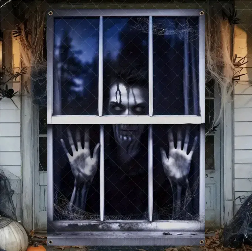 Rideau d'Halloween effrayant en tissu suspendu, décoration de fenêtre au thème horreur avec fantôme de sorcière et zombie 20