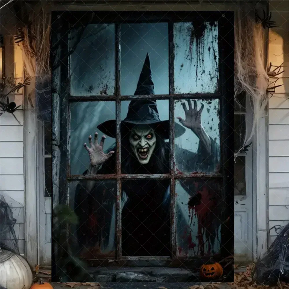 Rideau d'Halloween effrayant en tissu suspendu, décoration de fenêtre au thème horreur avec fantôme de sorcière et zombie 19