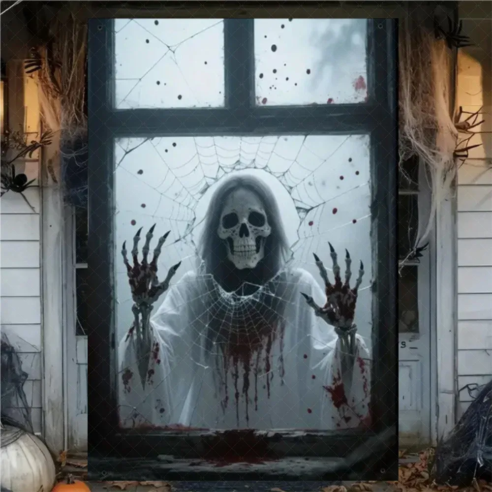 Rideau d'Halloween effrayant en tissu suspendu, décoration de fenêtre au thème horreur avec fantôme de sorcière et zombie 18