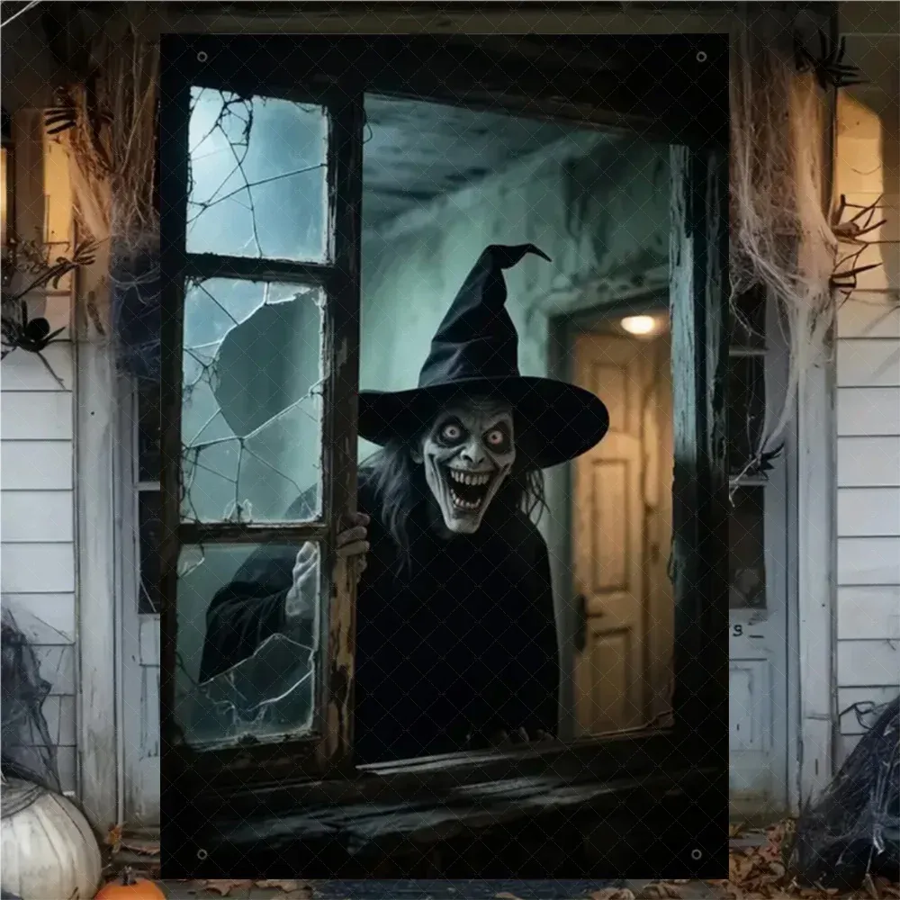 Rideau d'Halloween effrayant en tissu suspendu, décoration de fenêtre au thème horreur avec fantôme de sorcière et zombie 15