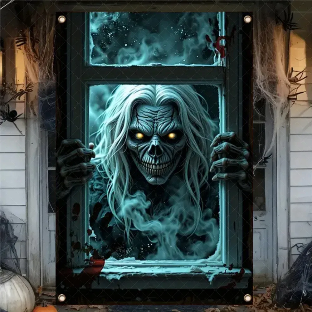 Rideau d'Halloween effrayant en tissu suspendu, décoration de fenêtre au thème horreur avec fantôme de sorcière et zombie 14