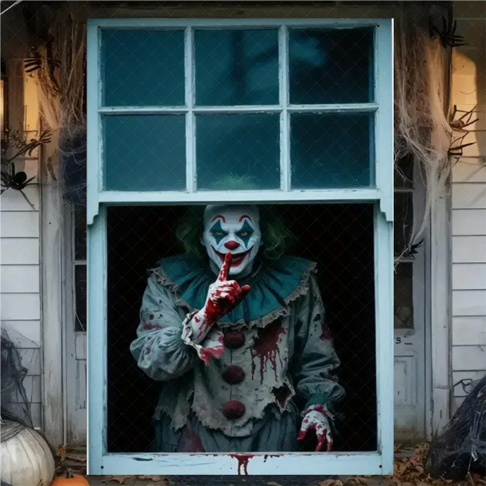 Rideau d'Halloween effrayant en tissu suspendu, décoration de fenêtre au thème horreur avec fantôme de sorcière et zombie 16