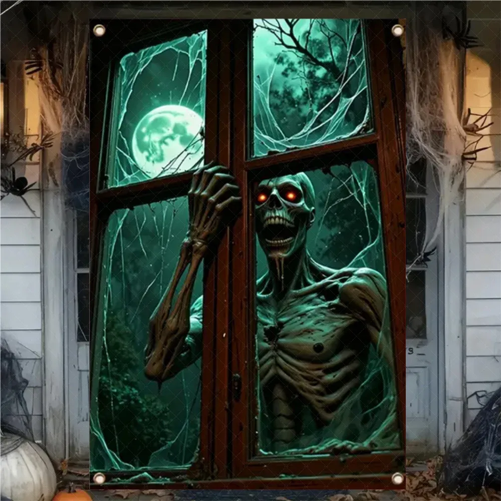 Rideau d'Halloween effrayant en tissu suspendu, décoration de fenêtre au thème horreur avec fantôme de sorcière et zombie 17