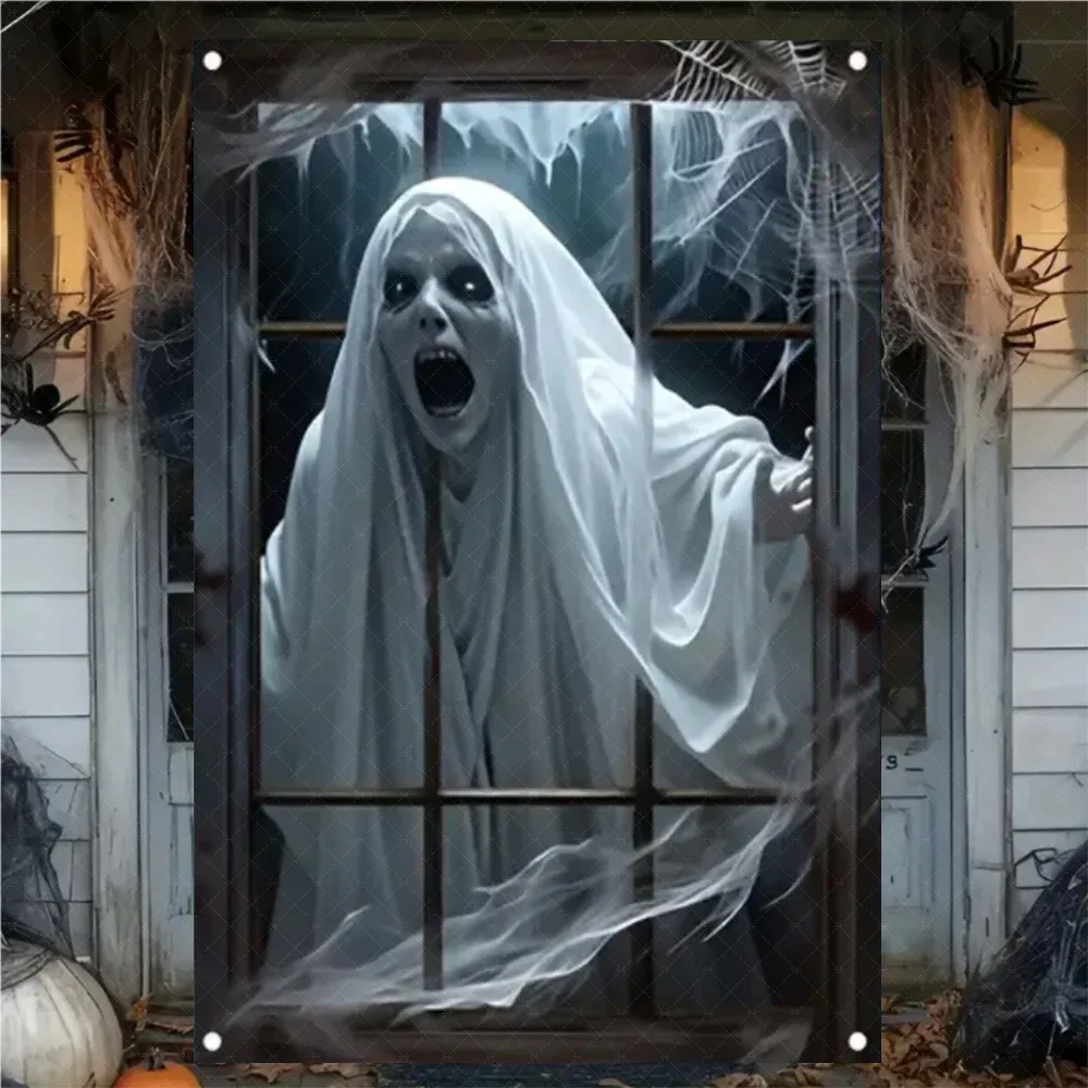 Rideau d'Halloween effrayant en tissu suspendu, décoration de fenêtre au thème horreur avec fantôme de sorcière et zombie 26