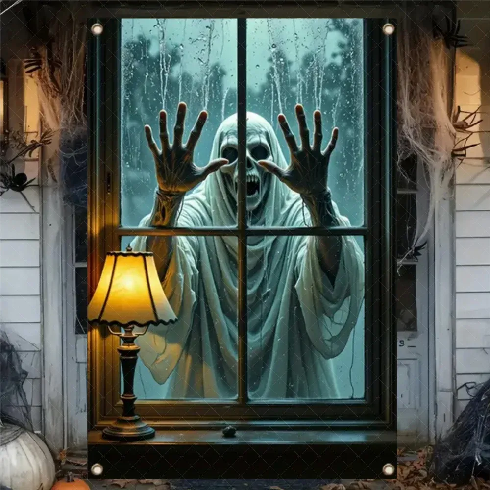 Rideau d'Halloween effrayant en tissu suspendu, décoration de fenêtre au thème horreur avec fantôme de sorcière et zombie 27