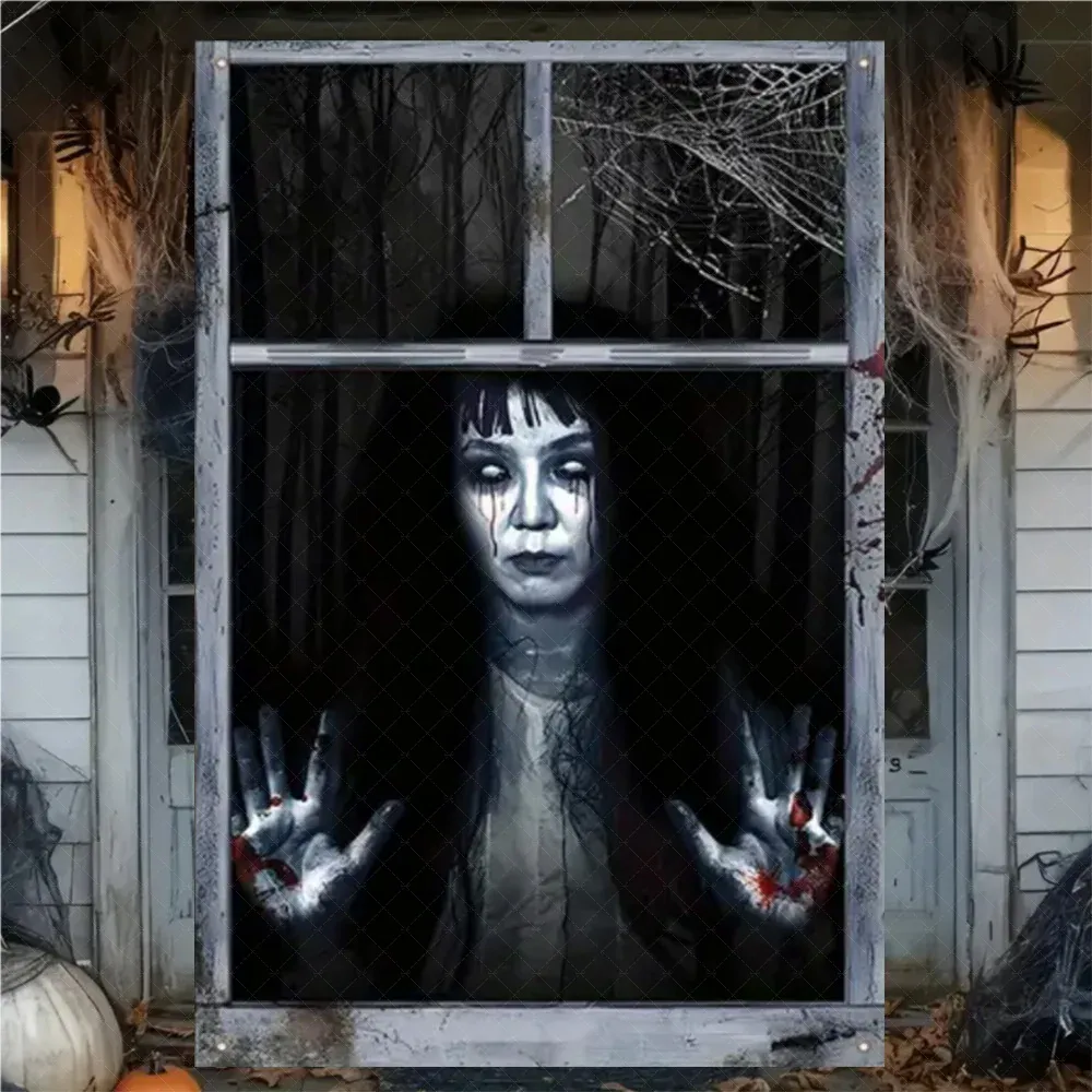 Rideau d'Halloween effrayant en tissu suspendu, décoration de fenêtre au thème horreur avec fantôme de sorcière et zombie 28