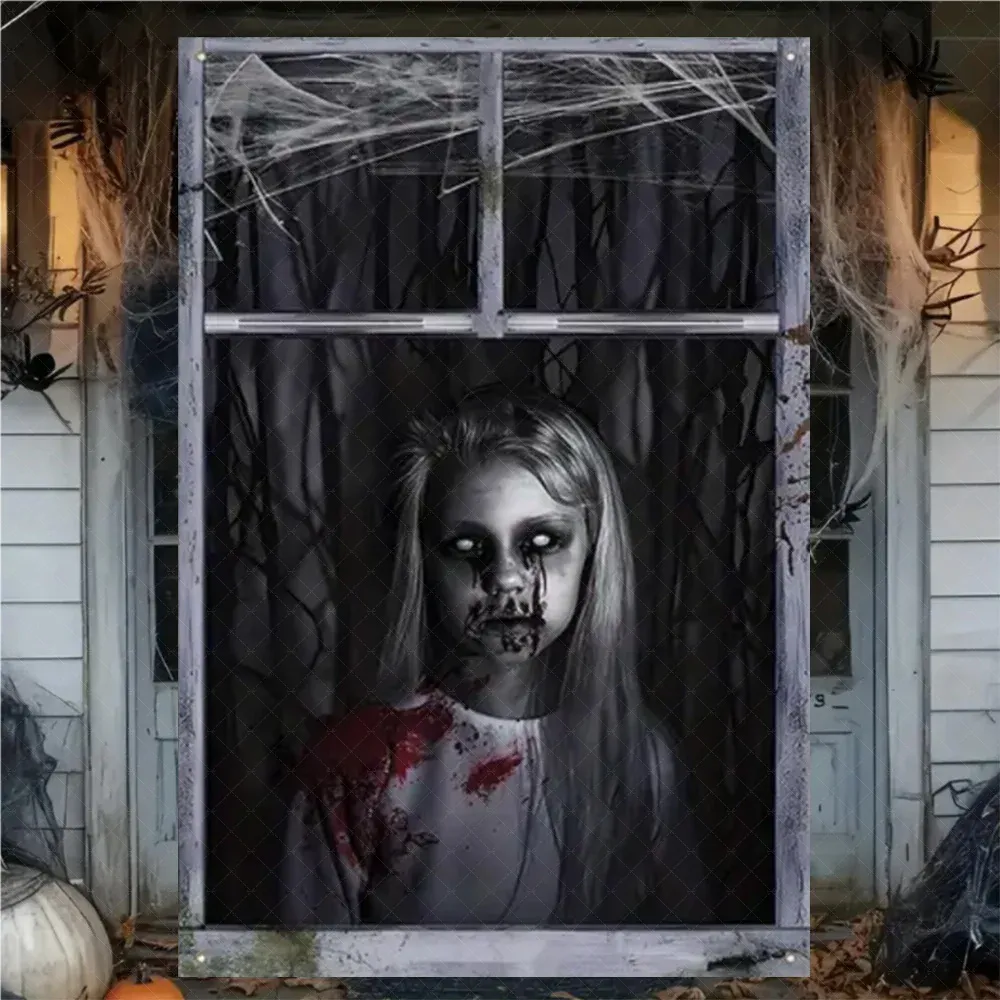 Rideau d'Halloween effrayant en tissu suspendu, décoration de fenêtre au thème horreur avec fantôme de sorcière et zombie 29