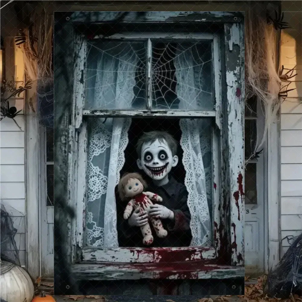 Rideau d'Halloween effrayant en tissu suspendu, décoration de fenêtre au thème horreur avec fantôme de sorcière et zombie 22