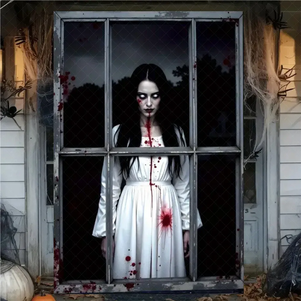 Rideau d'Halloween effrayant en tissu suspendu, décoration de fenêtre au thème horreur avec fantôme de sorcière et zombie 23