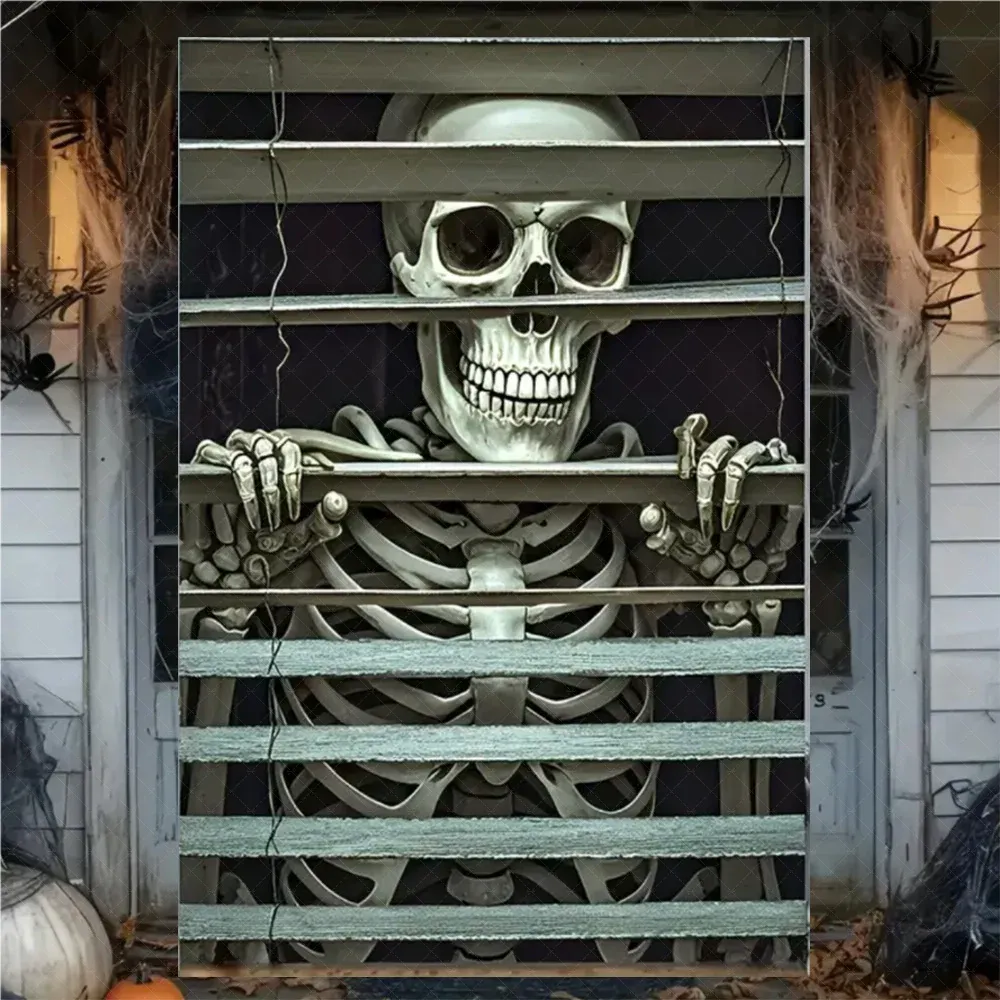 Rideau d'Halloween effrayant en tissu suspendu, décoration de fenêtre au thème horreur avec fantôme de sorcière et zombie 24