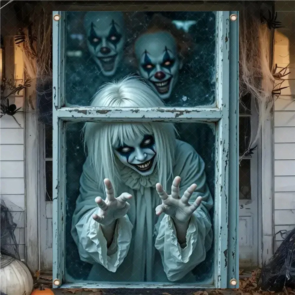 Rideau d'Halloween effrayant en tissu suspendu, décoration de fenêtre au thème horreur avec fantôme de sorcière et zombie 25