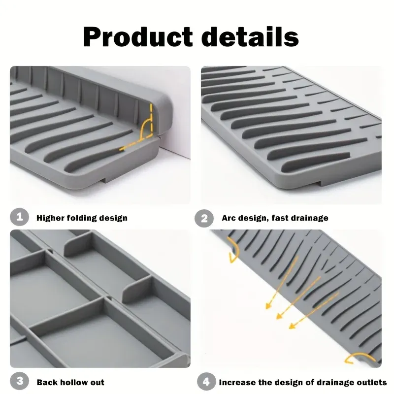 Tapis de drainage en silicone antidérapant pour évier, cuisine et salle de bain, avec protection du robinet, 1 pièce 3