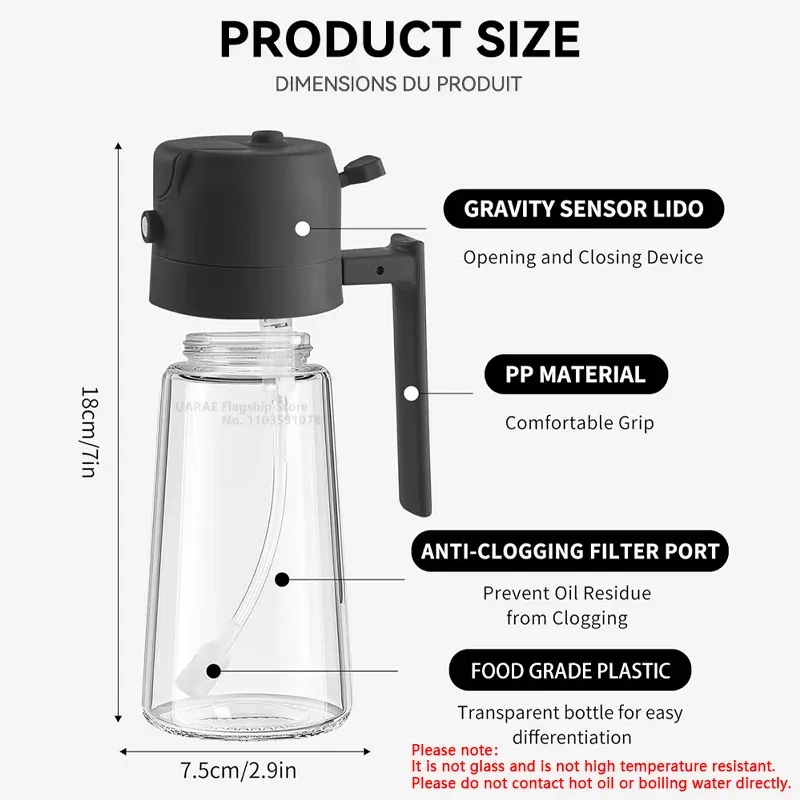 Bouteille vide d'huile de 500 mL, pulvérisateur et verseur 2 en 1, récipient d'huile en plastique, distributeur d'huile de cuisine, vaporisateur à huile pour camping et barbecue 2