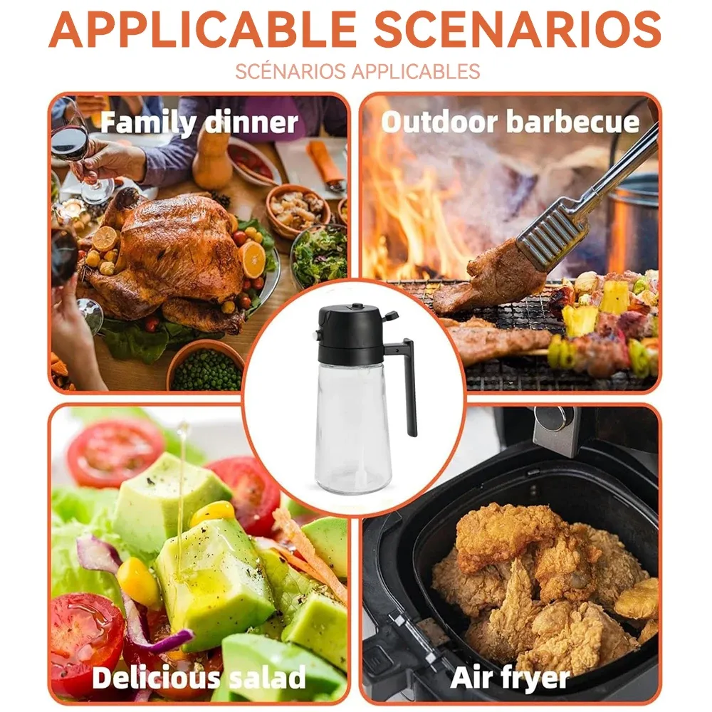 Bouteille vide d'huile de 500 mL, pulvérisateur et verseur 2 en 1, récipient d'huile en plastique, distributeur d'huile de cuisine, vaporisateur à huile pour camping et barbecue 4