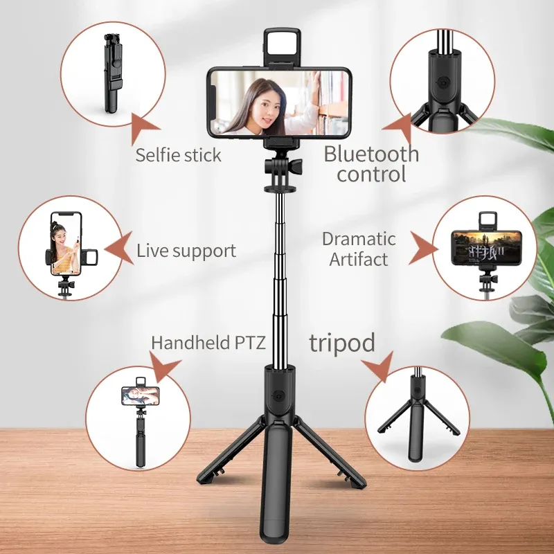 FGCLSY Trépied pour appareil photo de smartphone avec télécommande Bluetooth et lumière, perche à selfie sans fil avec support pour téléphone 6
