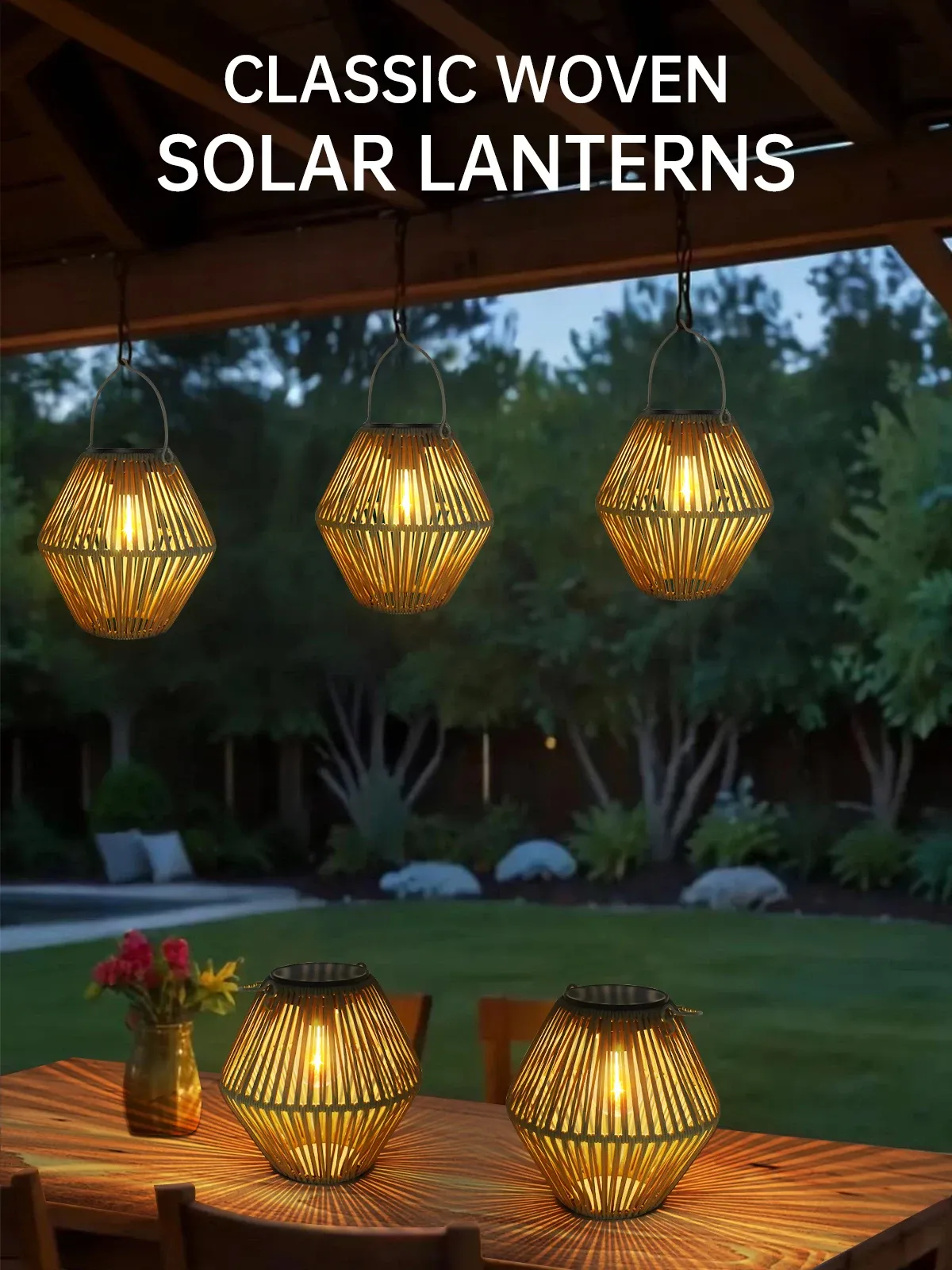 Lanterne solaire tissée suspendue en rotin