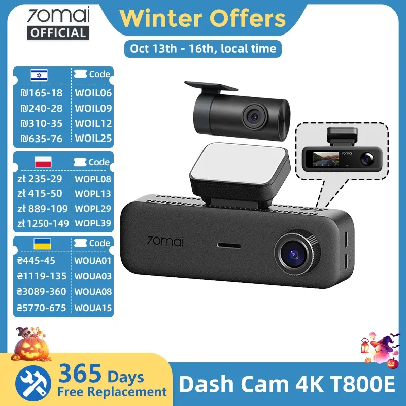 70Mai T800E Caméra embarquée 3 canaux : Avant 4K + Arrière 1080P + Intérieur 1080P HDR, Supercondensateur, Surveillance du stationnement 24h/24, GPS, Commande vocale, Wi-Fi 6