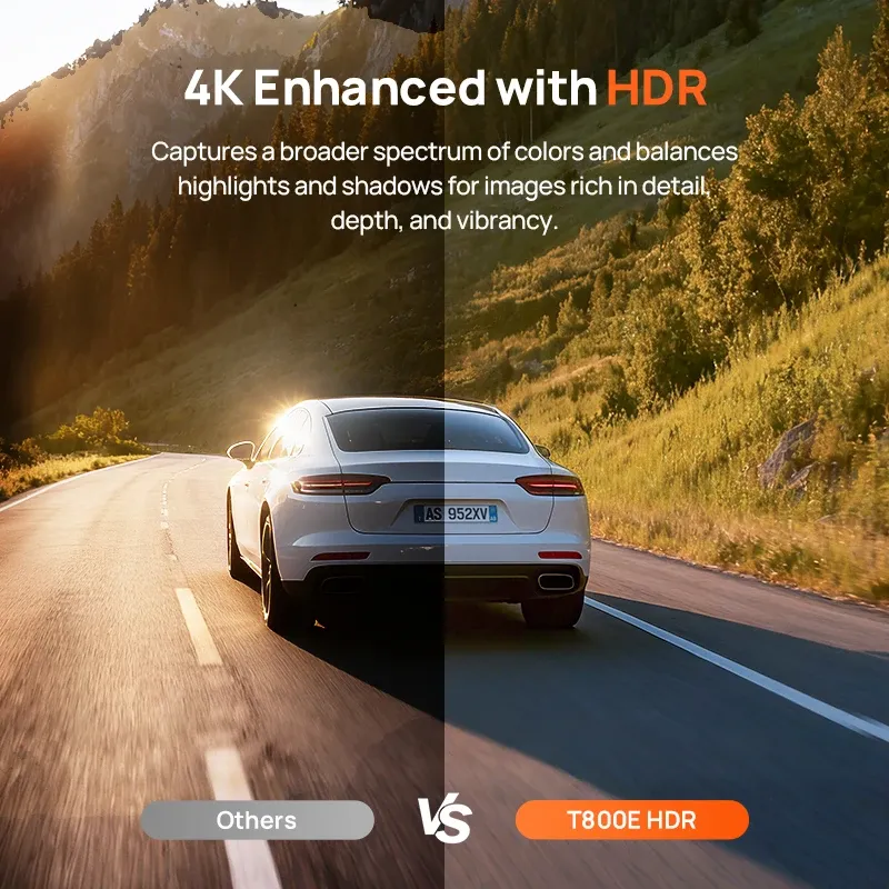 70Mai T800E Caméra embarquée 3 canaux : Avant 4K + Arrière 1080P + Intérieur 1080P HDR, Supercondensateur, Surveillance du stationnement 24h/24, GPS, Commande vocale, Wi-Fi 6 3