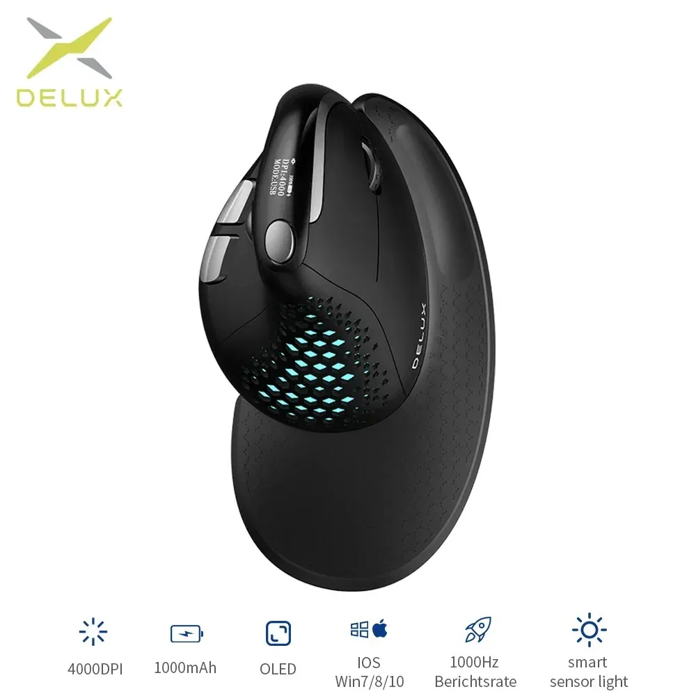 Souris verticale ergonomique Delux M618XSD Seeker avec écran OLED, 4000 DPI, rechargeable (1000 mAh), couvercle arrière amovible, pour ordinateur - Image 1