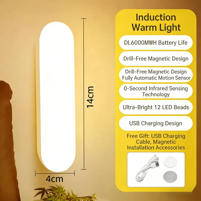 Veilleuse LED sans fil avec détecteur de mouvement, rechargeable par USB et fixation magnétique pour armoire, placard et couloir 8