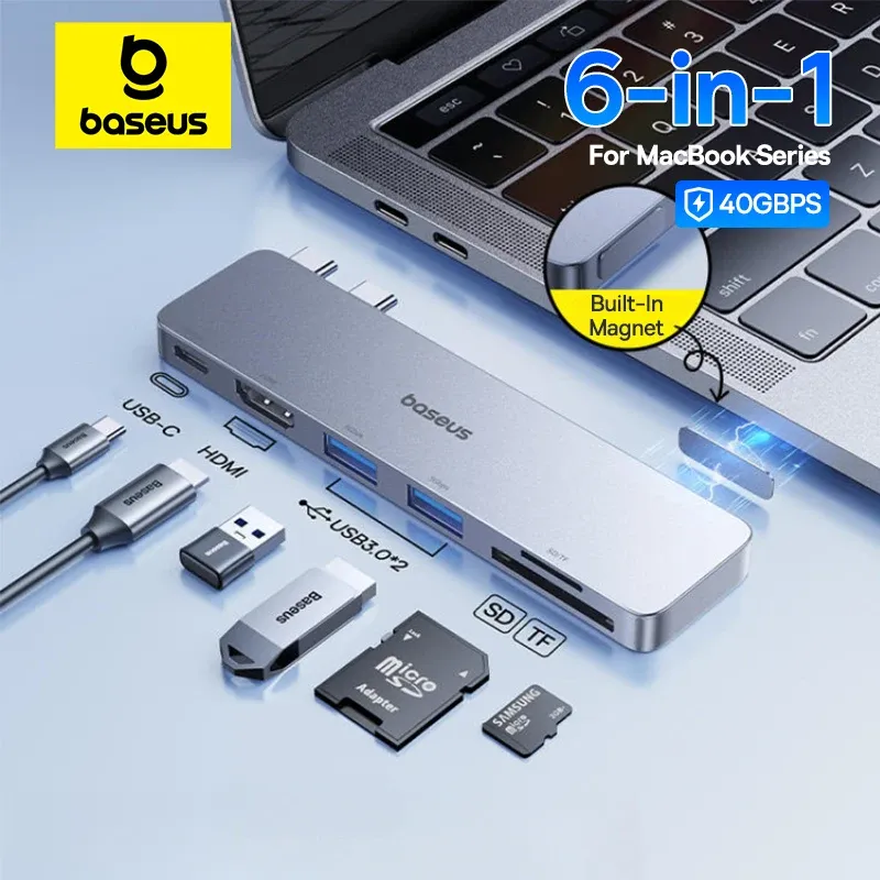 Baseus Hub USB-C double vers HDMI 4K 30 Hz, Thunderbolt 3/4 40 Gbps, USB 3.0, lecteurs SD/TF pour MacBook Pro et Air