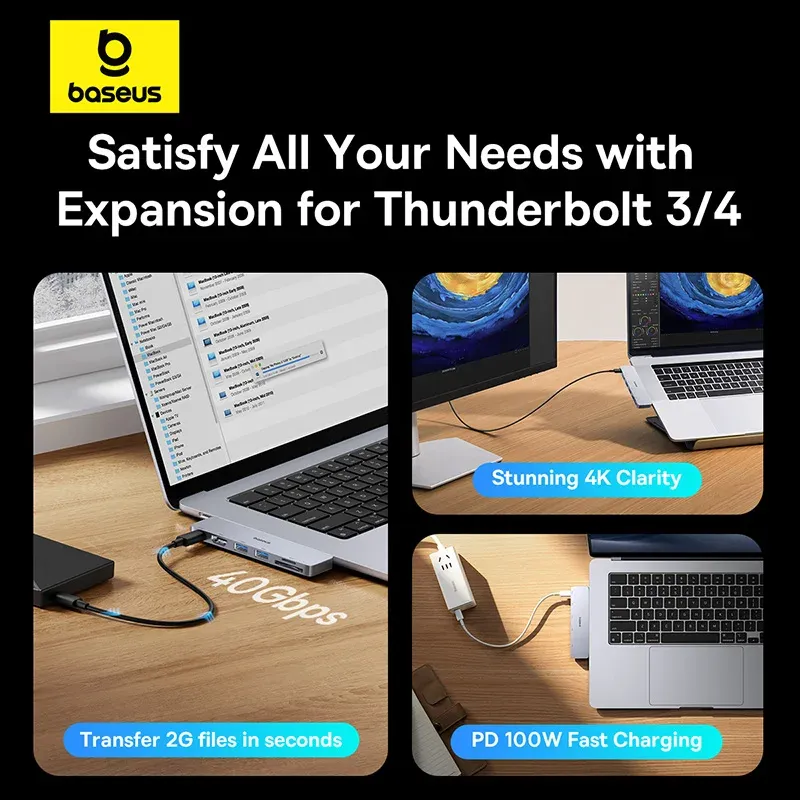Baseus Hub USB-C double vers HDMI 4K 30 Hz, Thunderbolt 3/4 40 Gbps, USB 3.0, lecteurs SD/TF pour MacBook Pro et Air 3