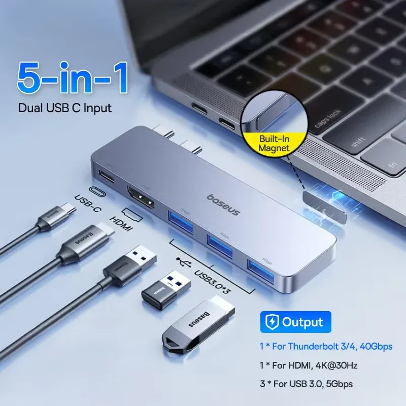 Baseus Hub USB-C double vers HDMI 4K 30 Hz, Thunderbolt 3/4 40 Gbps, USB 3.0, lecteurs SD/TF pour MacBook Pro et Air 8