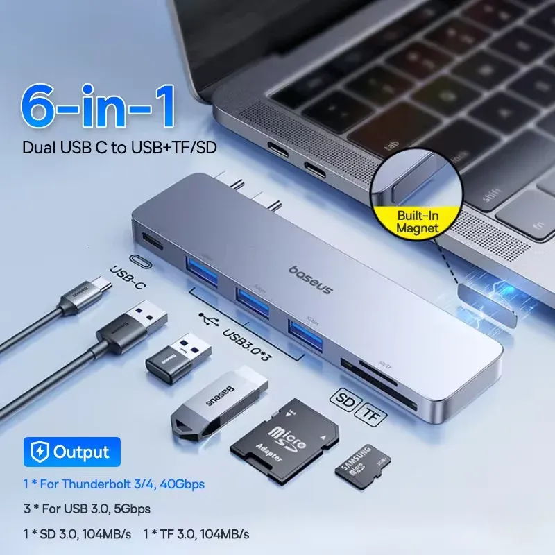 Baseus Hub USB-C double vers HDMI 4K 30 Hz, Thunderbolt 3/4 40 Gbps, USB 3.0, lecteurs SD/TF pour MacBook Pro et Air 7