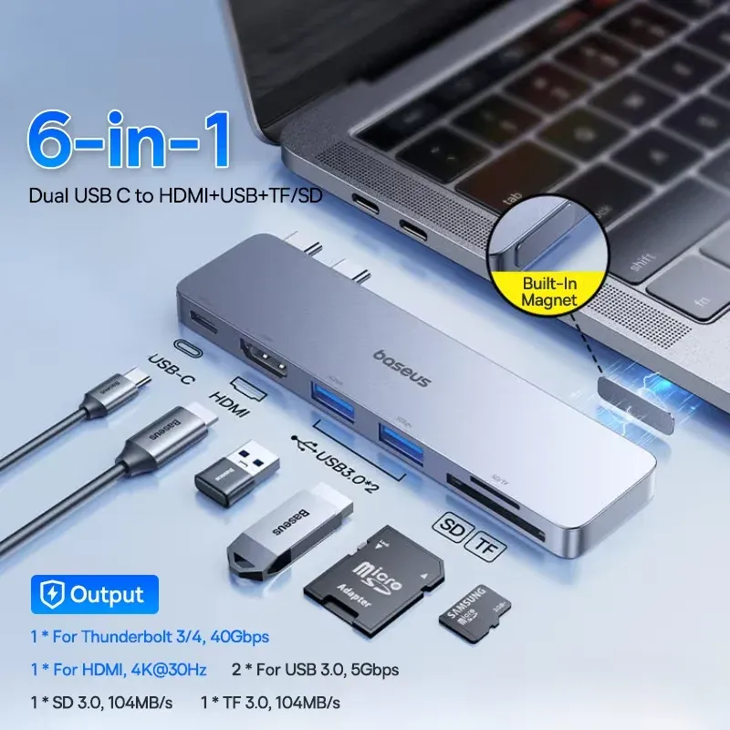 Baseus Hub USB-C double vers HDMI 4K 30 Hz, Thunderbolt 3/4 40 Gbps, USB 3.0, lecteurs SD/TF pour MacBook Pro et Air 9