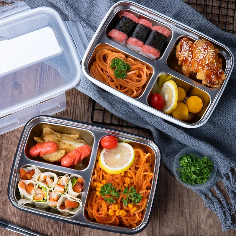 Boîte à déjeuner en acier inoxydable anti-fuite à 3 ou 4 compartiments – Bento durable et facile à nettoyer - Image 1