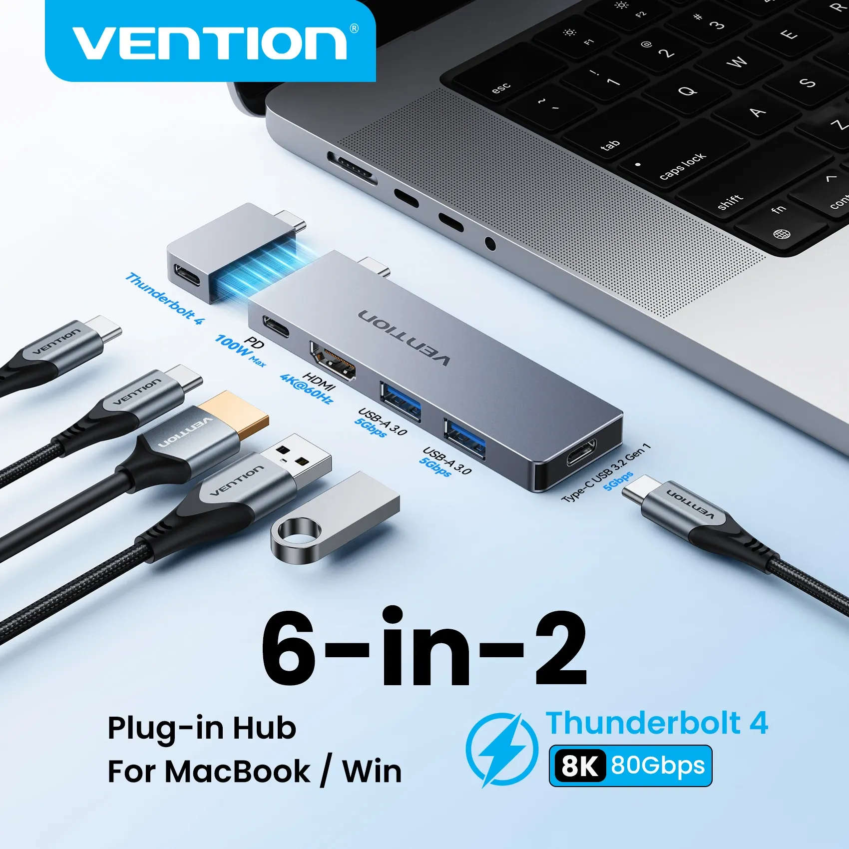 Hub USB-C Vention 6-en-2 Thunderbolt 4, 80 Gbit/s, 8K, station d'accueil pour MacBook Pro/Air, USB 3.0, HDMI 4K 60 Hz, compatible PC portable Windows