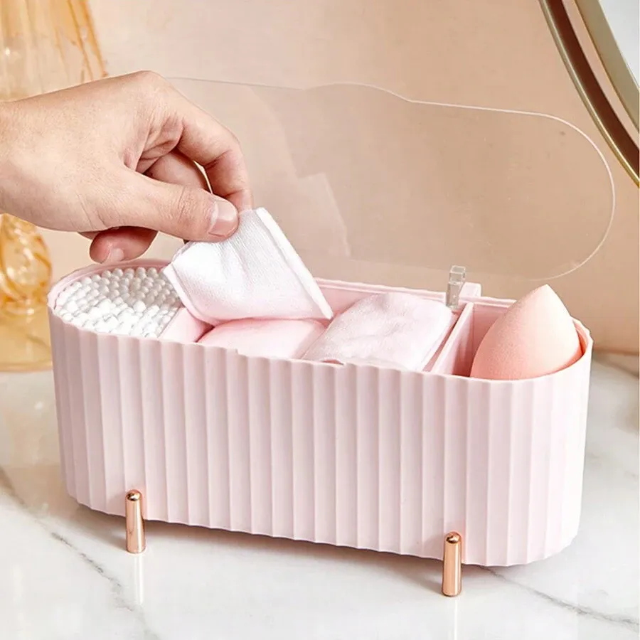 Organisateur de maquillage de bureau à 3 compartiments pour disques démaquillants, éponges de maquillage et outils de beauté, boîte de rangement cosmétique avec couvercle - Image 1