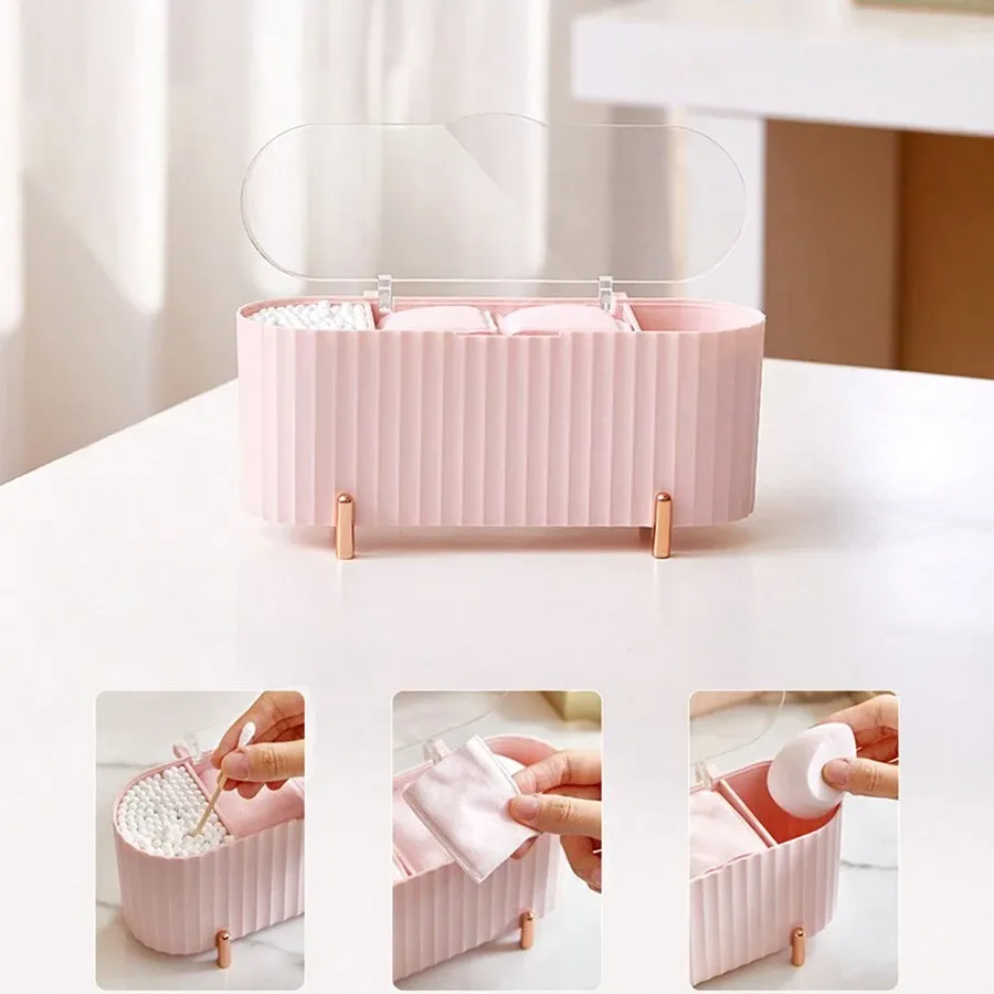 Organisateur de maquillage de bureau à 3 compartiments pour disques démaquillants, éponges de maquillage et outils de beauté, boîte de rangement cosmétique avec couvercle 3