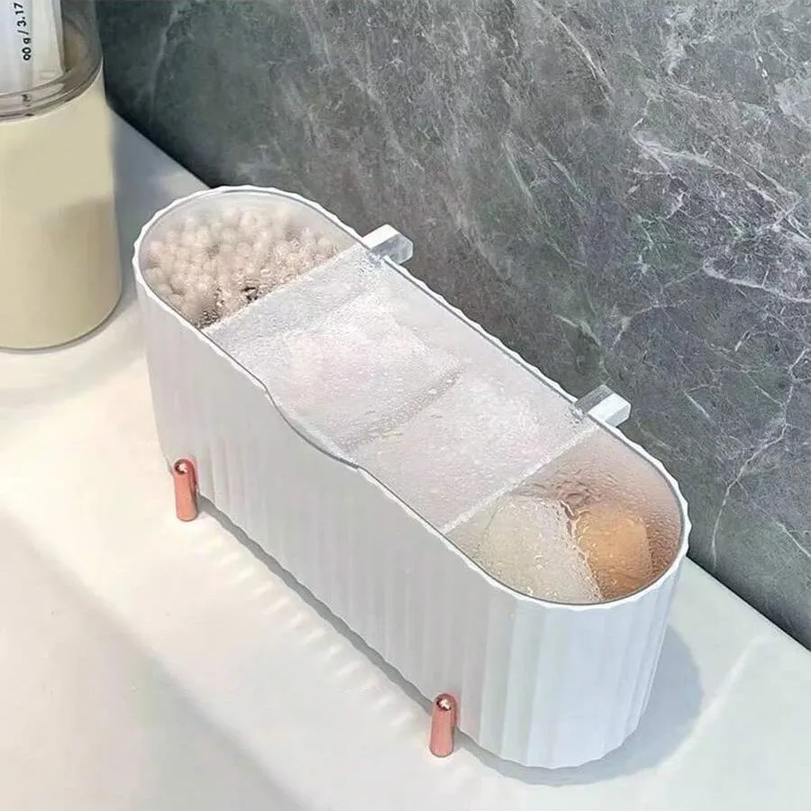 Organisateur de maquillage de bureau à 3 compartiments pour disques démaquillants, éponges de maquillage et outils de beauté, boîte de rangement cosmétique avec couvercle 5