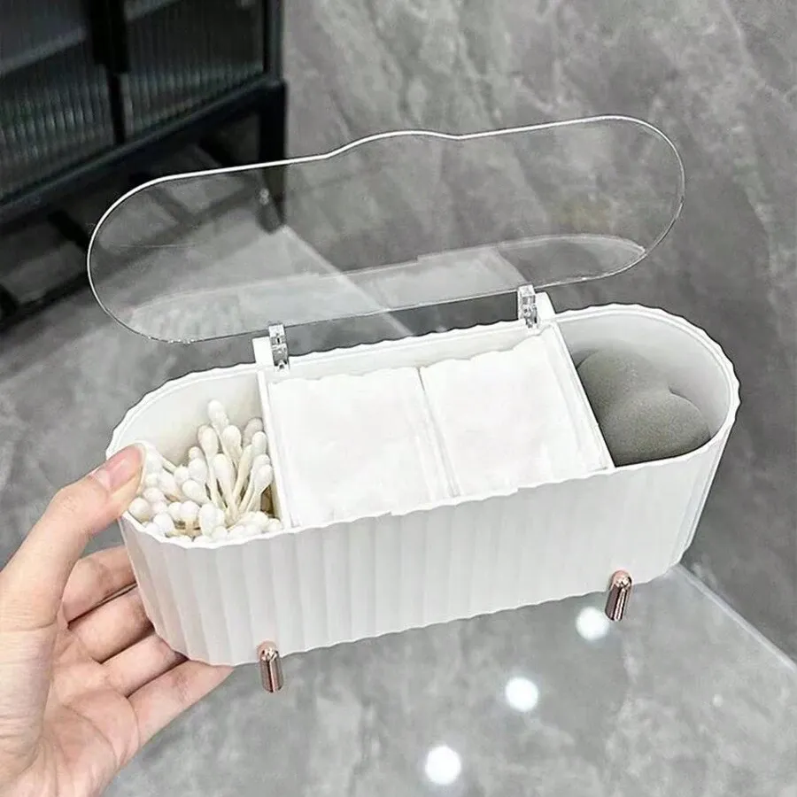 Organisateur de maquillage de bureau à 3 compartiments pour disques démaquillants, éponges de maquillage et outils de beauté, boîte de rangement cosmétique avec couvercle 6