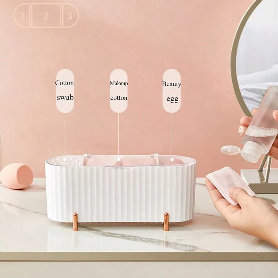 Organisateur de maquillage de bureau à 3 compartiments pour disques démaquillants, éponges de maquillage et outils de beauté, boîte de rangement cosmétique avec couvercle 8