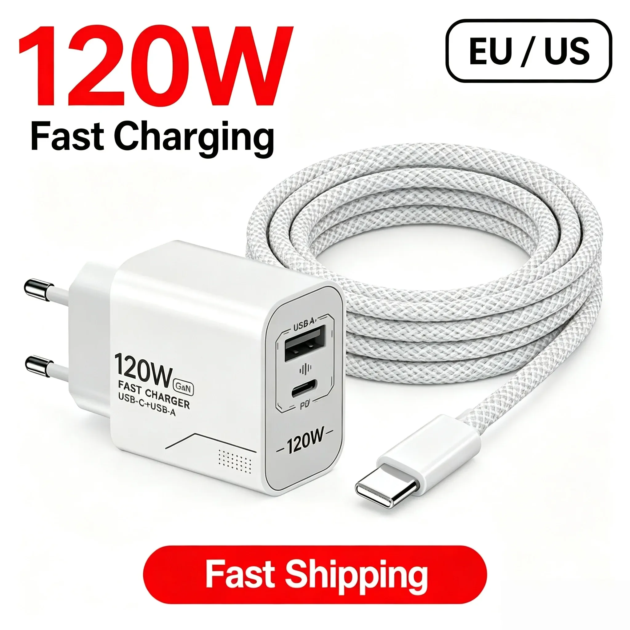 Chargeur mural USB-C 120 W GaN à 2 ports, prises US/EU, adaptateur secteur rapide PD 1