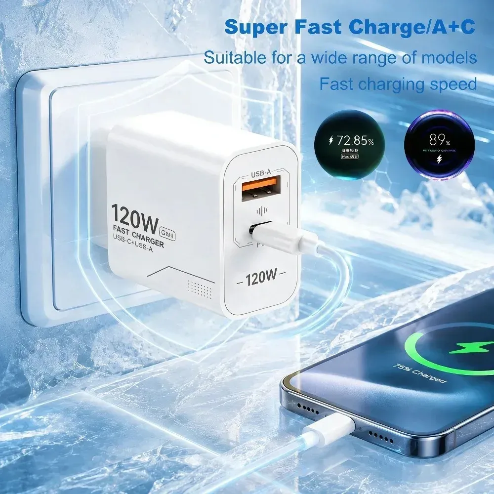 Chargeur mural USB-C 120 W GaN à 2 ports, prises US/EU, adaptateur secteur rapide PD 5