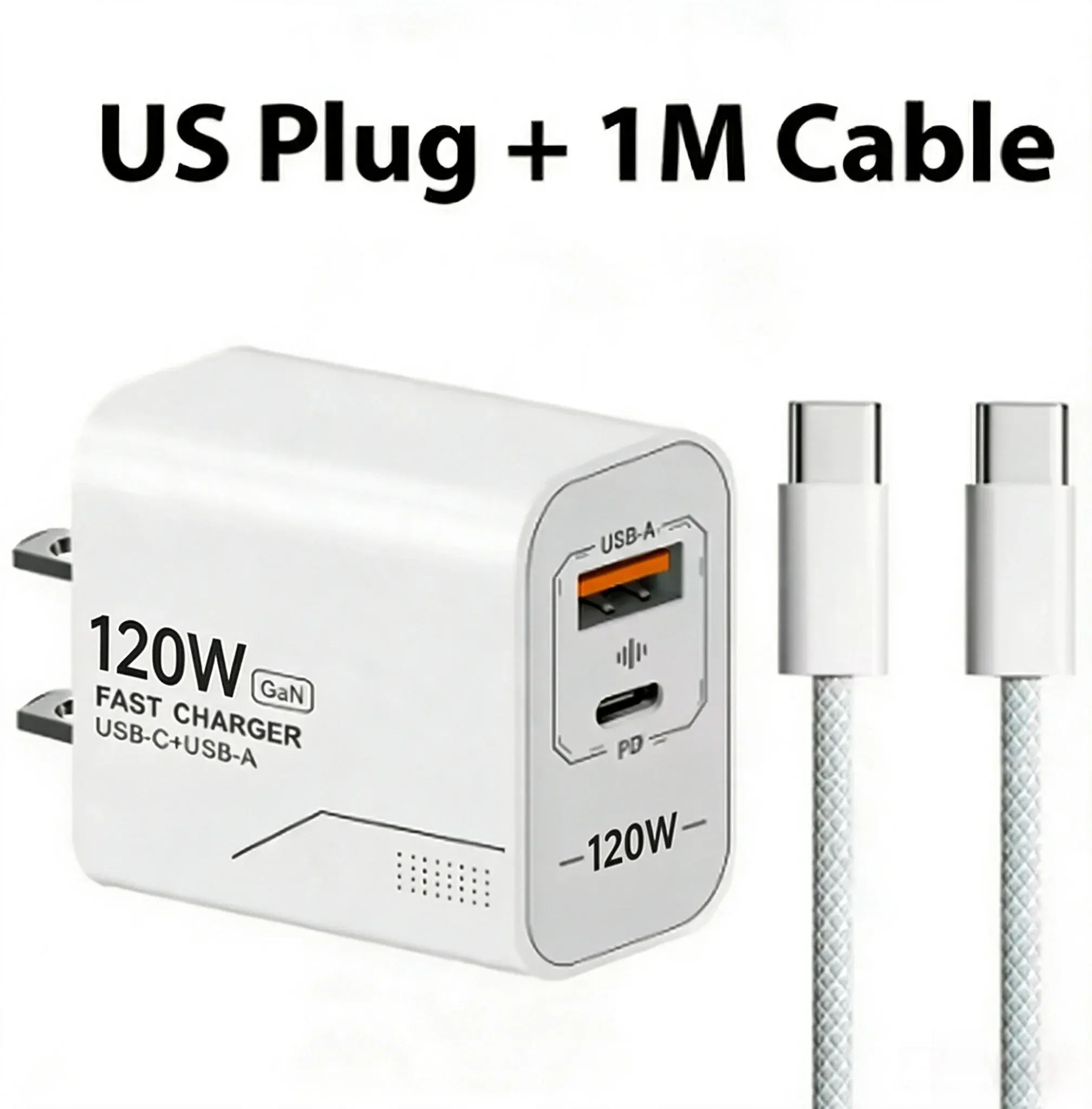 Chargeur mural USB-C 120 W GaN à 2 ports, prises US/EU, adaptateur secteur rapide PD 7