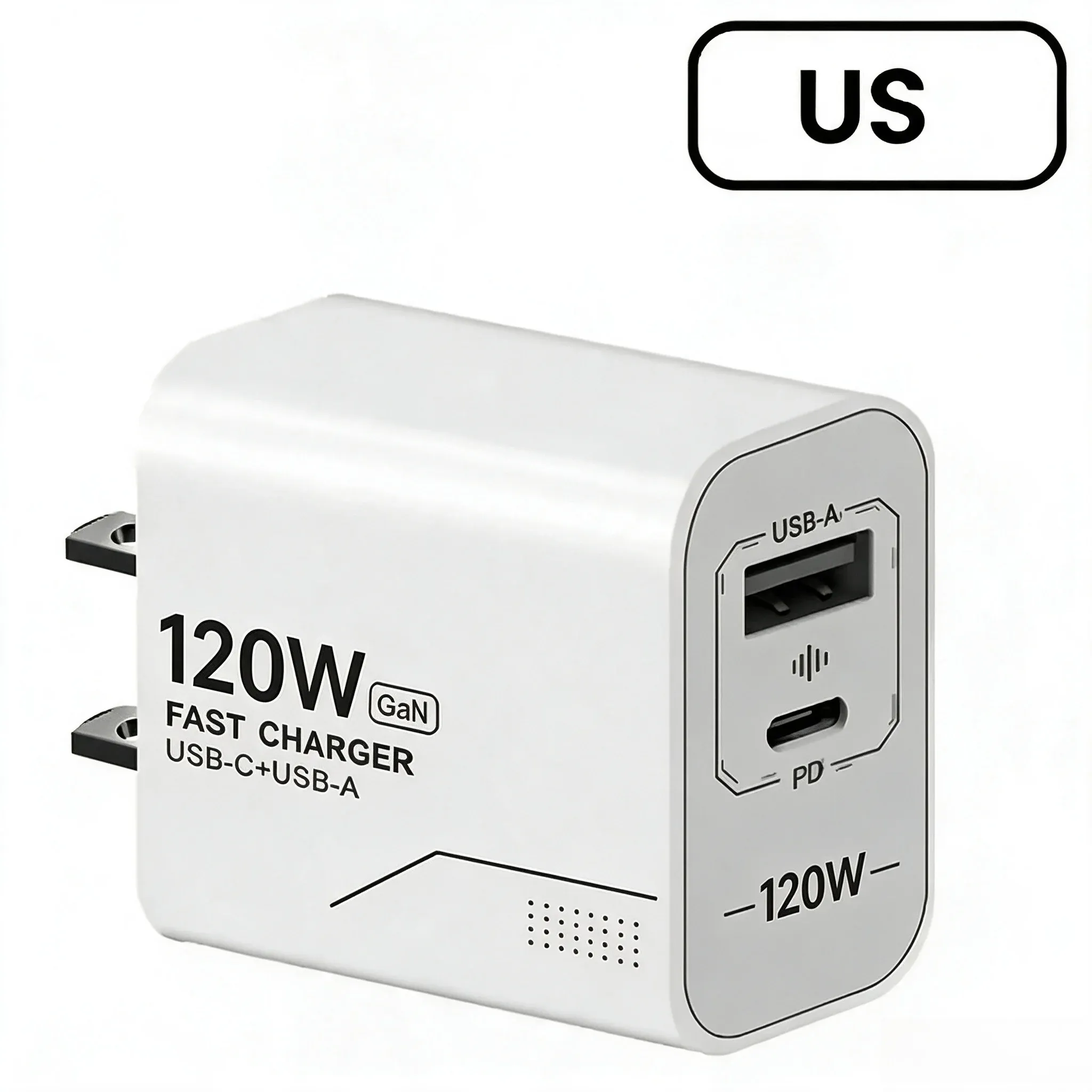 Chargeur mural USB-C 120 W GaN à 2 ports, prises US/EU, adaptateur secteur rapide PD 9