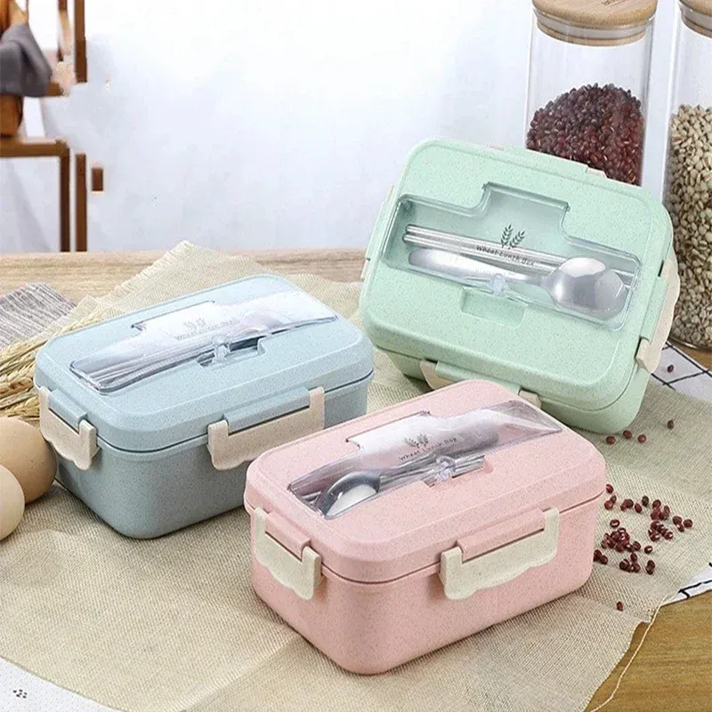 Boîte bento portable en paille de blé avec vaisselle pour enfants, boîte-repas compatible micro-ondes