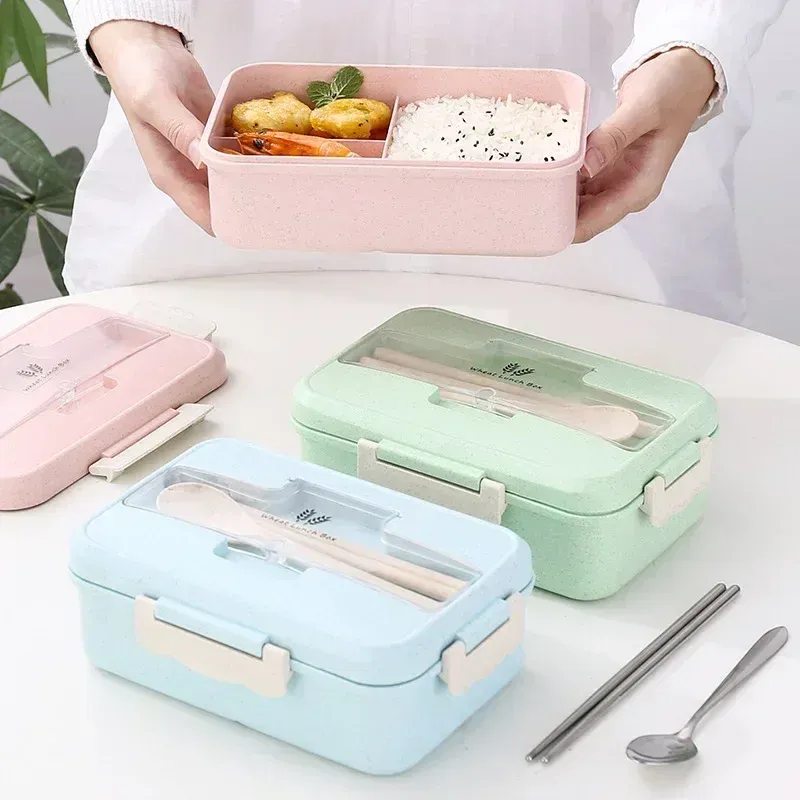 Boîte bento portable en paille de blé avec vaisselle pour enfants, boîte-repas compatible micro-ondes 2
